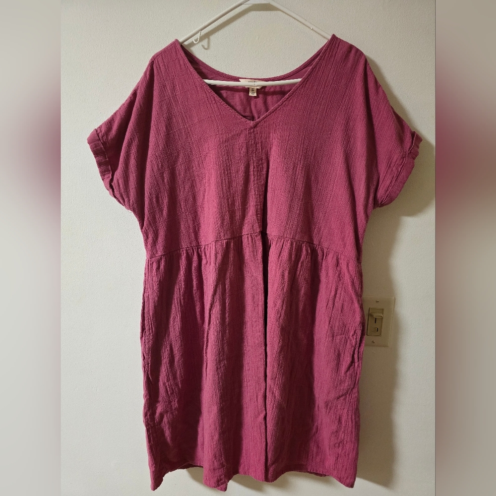 Pink Cuffed Sleeve Casual Minimalist  Cotton Dress 0X Size 14W
